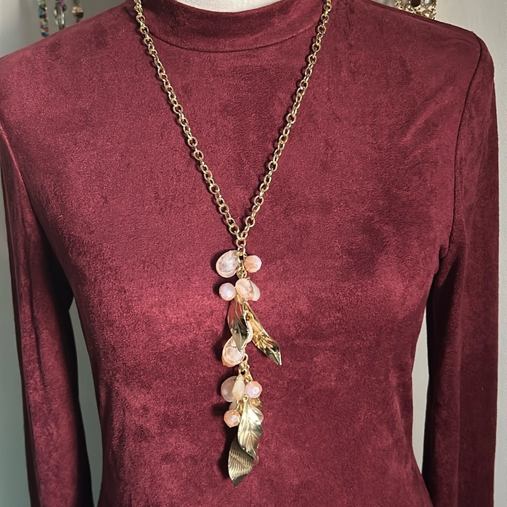 Gold Chain Y Drop Faceted Pink Opal Pearlescent Gold Tone Leaf Bead Necklace